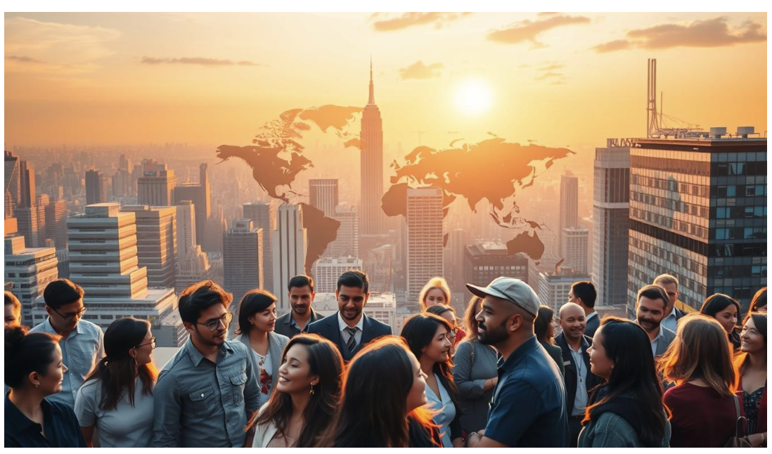 international.b2b.marketing.agency A bustling global metropolis, its skyline glistening under warm golden light. In the foreground, a diverse group of people from around the world, engaging in lively discussion and collaboration, their expressions radiating a sense of connection and shared purpose. The middle ground features modern office buildings and bustling city streets, symbolizing the thriving international business ecosystem. In the background, a striking silhouette of the world map, underlining the global reach and impact of the scene. The image conveys a sense of dynamic, multicultural synergy - a visual embodiment of the work of an international b2b marketing agency and consultancy.